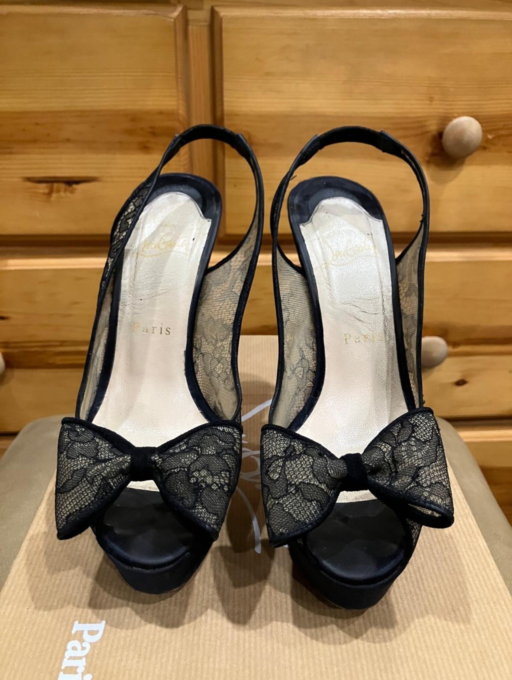 Christian Louboutin Black Lace Bow Slingback Peep-Toe Heels